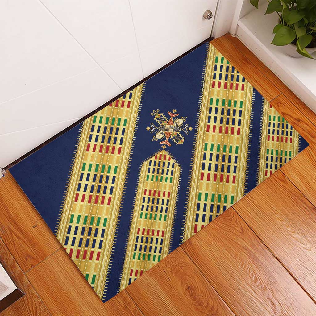 Habesha Kemis Inspired Tilet Pattern Rubber Doormat Royal Blue - Gold