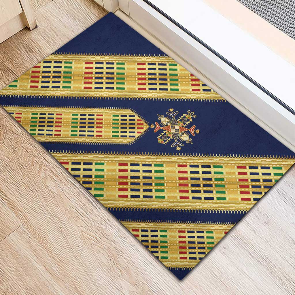 Habesha Kemis Inspired Tilet Pattern Rubber Doormat Royal Blue - Gold