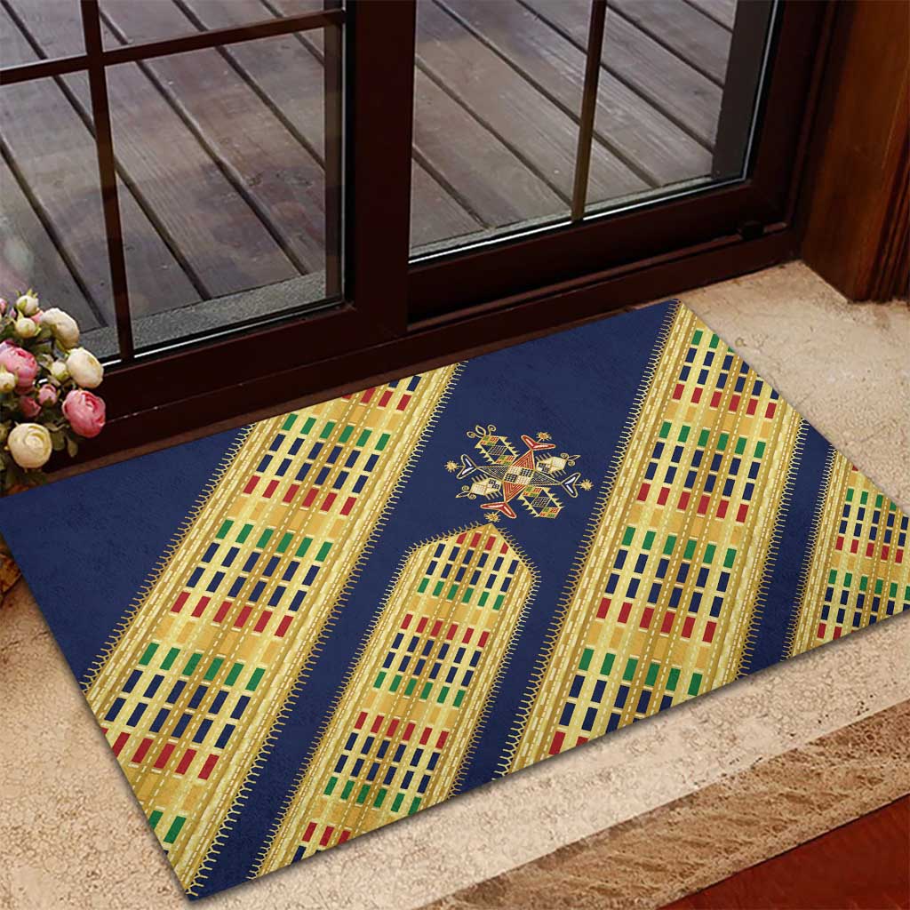 Habesha Kemis Inspired Tilet Pattern Rubber Doormat Royal Blue - Gold