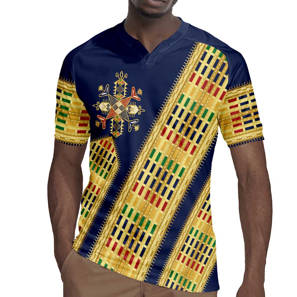 Habesha Kemis Inspired Tilet Pattern Rugby Jersey Royal Blue - Gold