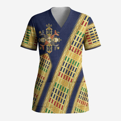 Habesha Kemis Inspired Tilet Pattern Scrub Top Royal Blue - Gold