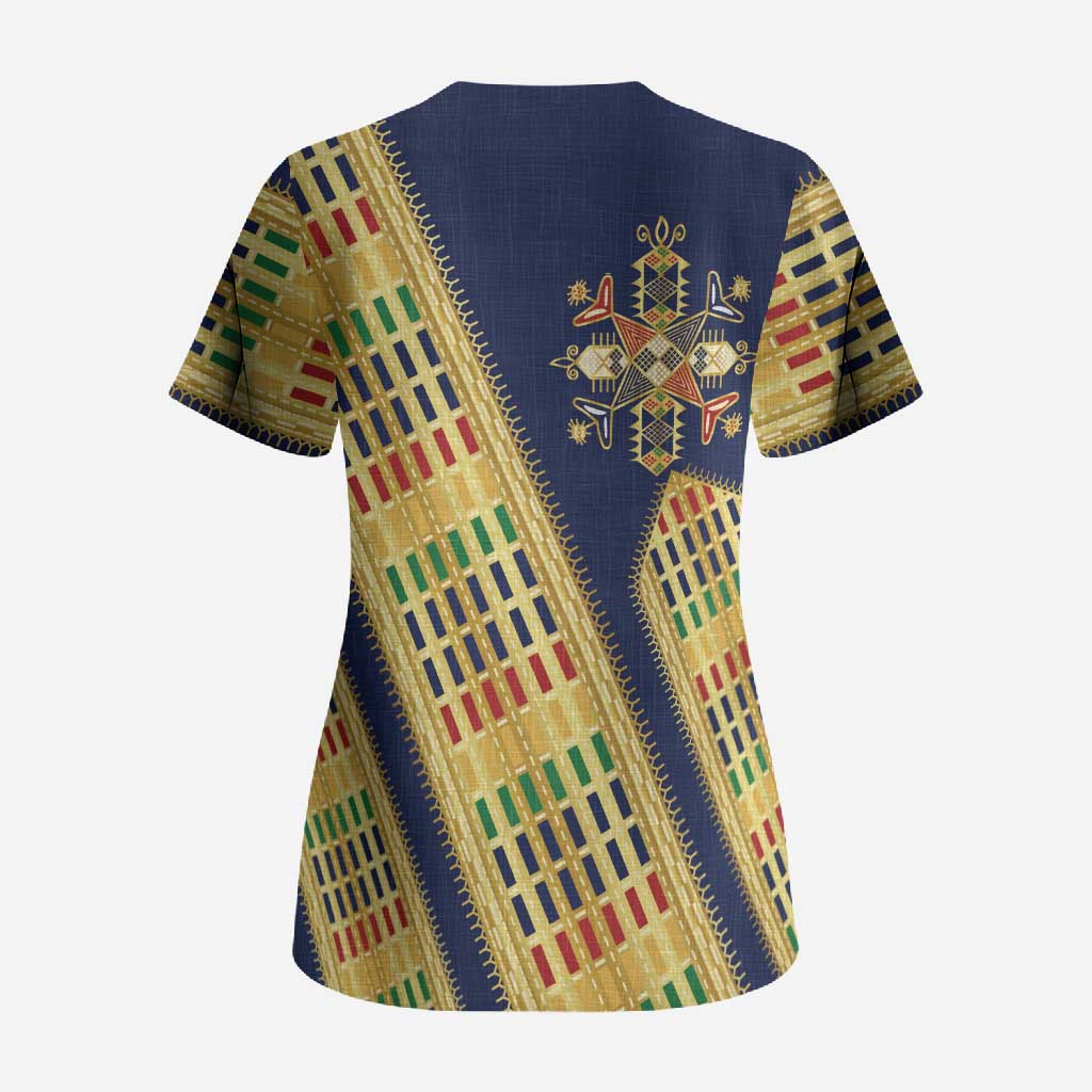 Habesha Kemis Inspired Tilet Pattern Scrub Top Royal Blue - Gold