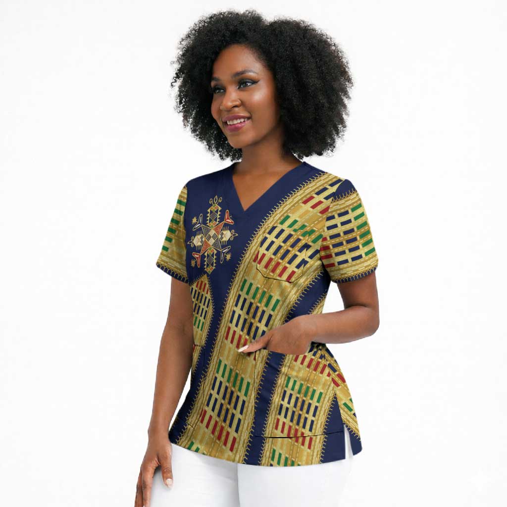 Habesha Kemis Inspired Tilet Pattern Scrub Top Royal Blue - Gold