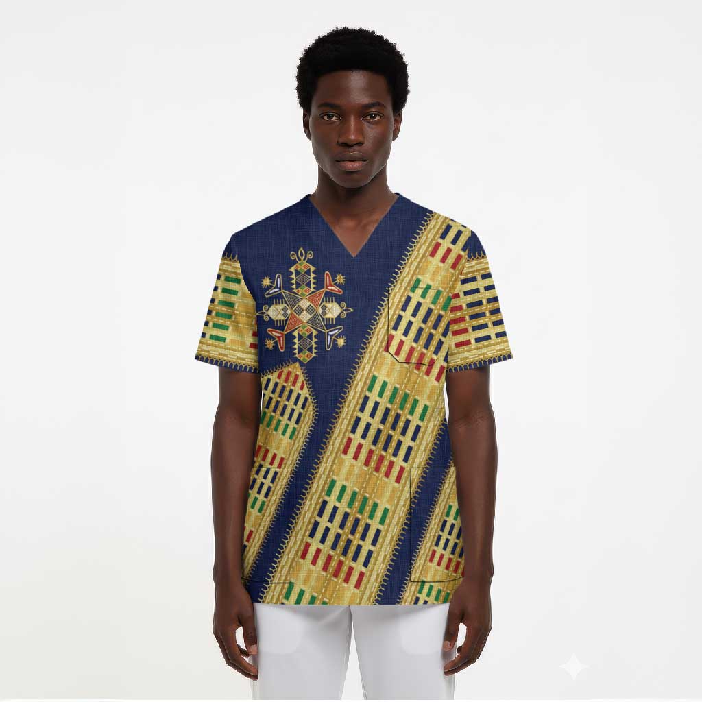 Habesha Kemis Inspired Tilet Pattern Scrub Top Royal Blue - Gold