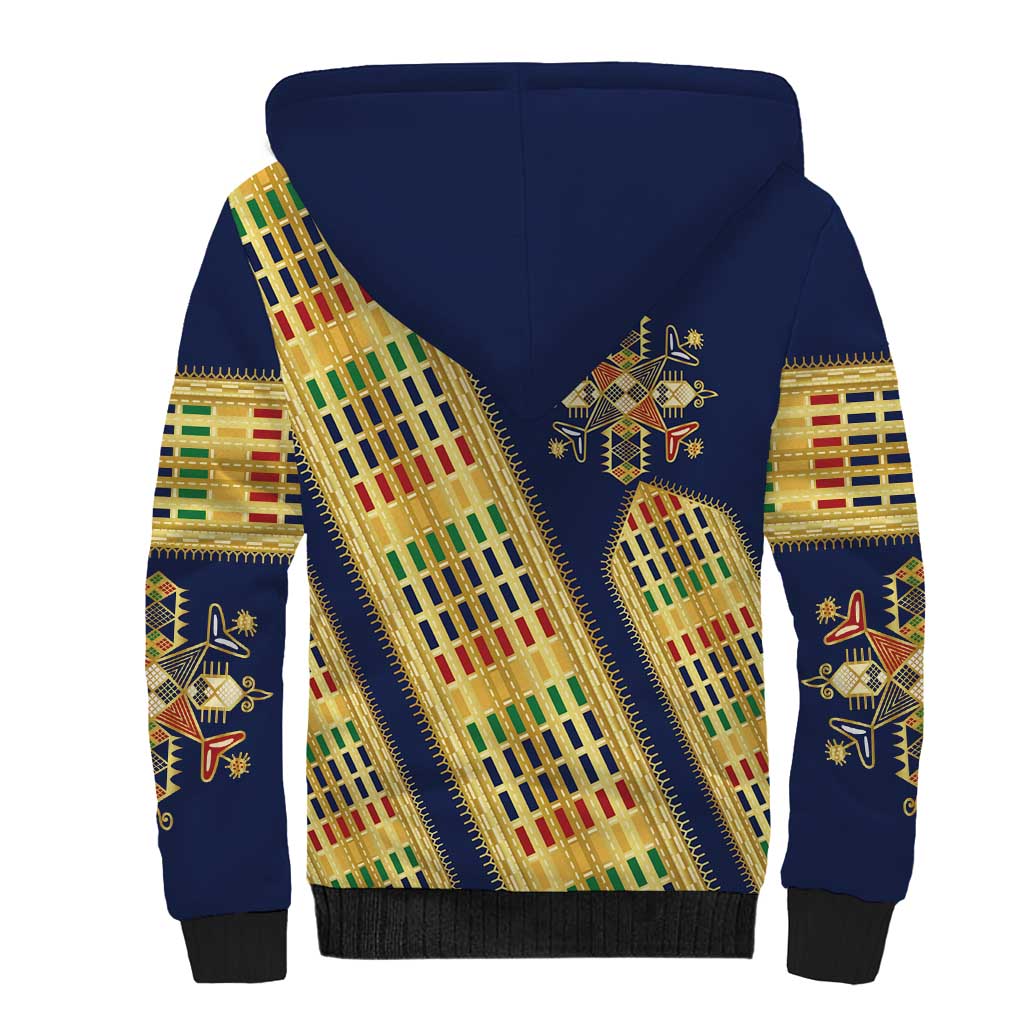 Habesha Kemis Inspired Tilet Pattern Sherpa Hoodie Royal Blue - Gold