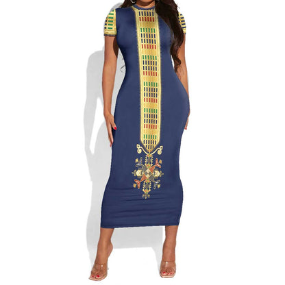 Habesha Kemis Inspired Tilet Pattern Short Sleeve Bodycon Dress Royal Blue - Gold