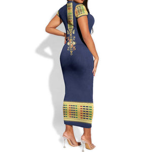 Habesha Kemis Inspired Tilet Pattern Short Sleeve Bodycon Dress Royal Blue - Gold
