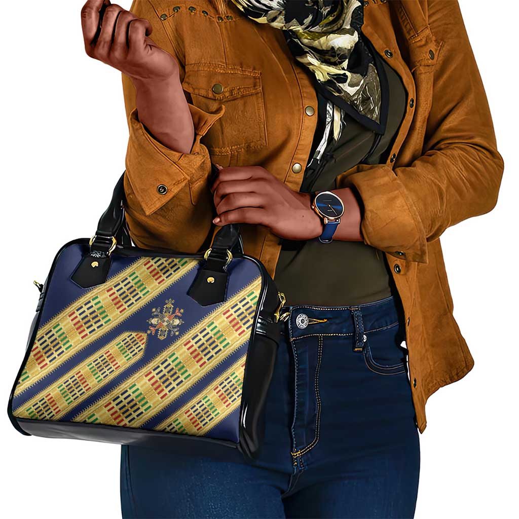 Habesha Kemis Inspired Tilet Pattern Shoulder Handbag Royal Blue - Gold