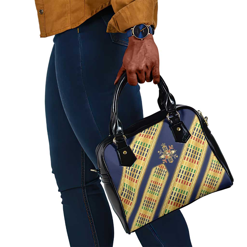 Habesha Kemis Inspired Tilet Pattern Shoulder Handbag Royal Blue - Gold
