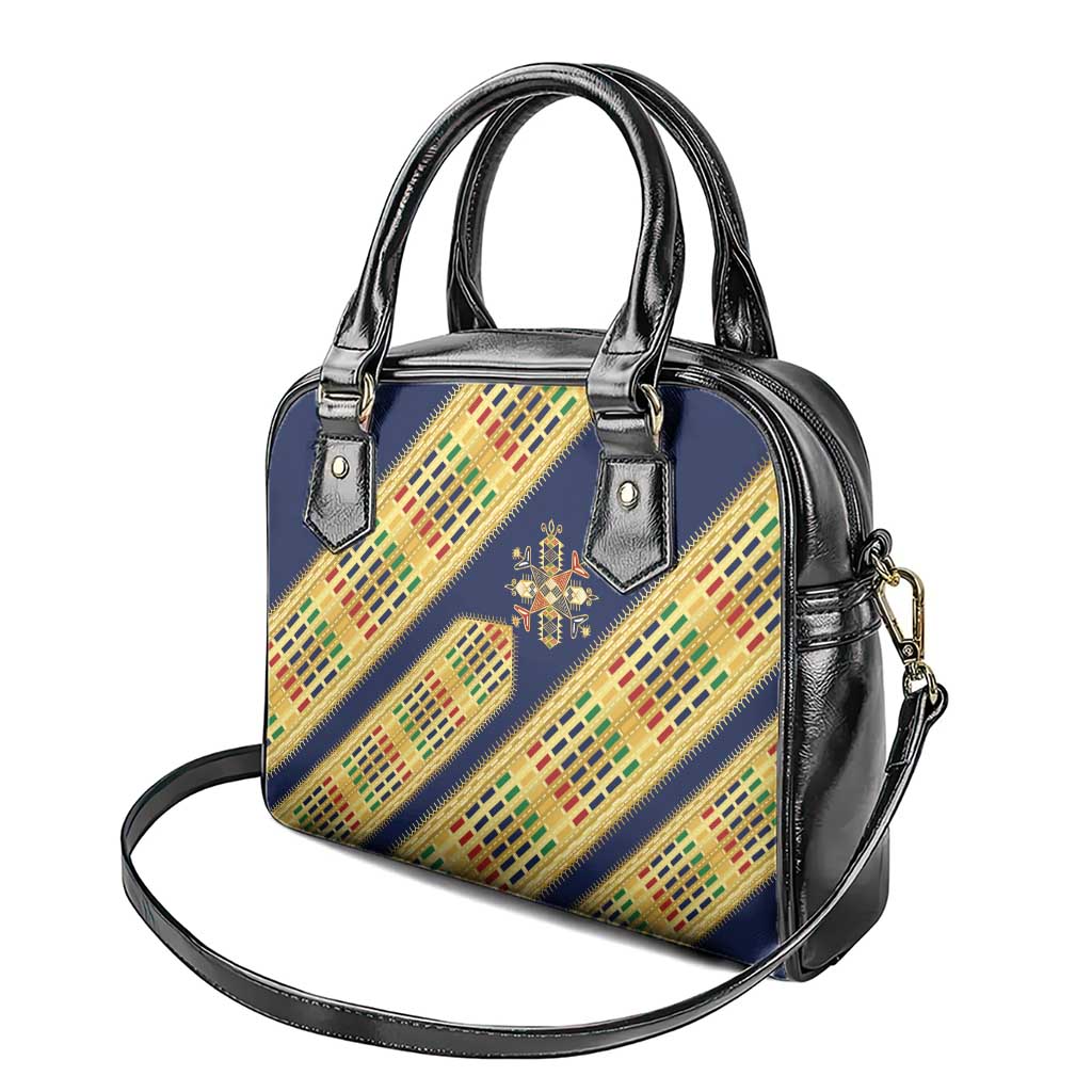 Habesha Kemis Inspired Tilet Pattern Shoulder Handbag Royal Blue - Gold