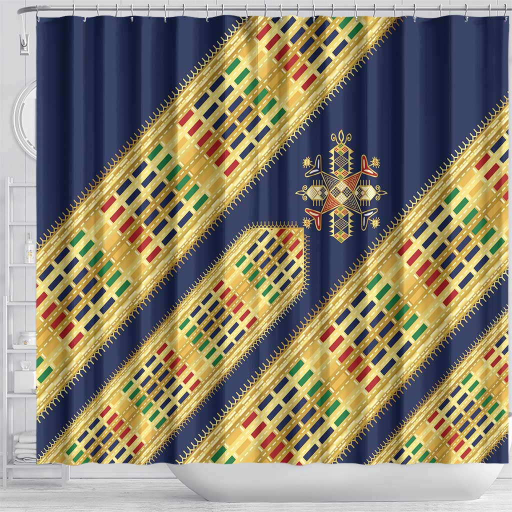 Habesha Kemis Inspired Tilet Pattern Shower Curtain Royal Blue - Gold