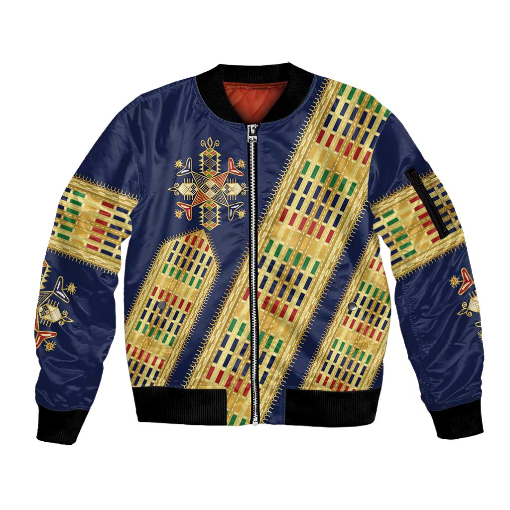 Habesha Kemis Inspired Tilet Pattern Sleeve Zip Bomber Jacket Royal Blue - Gold