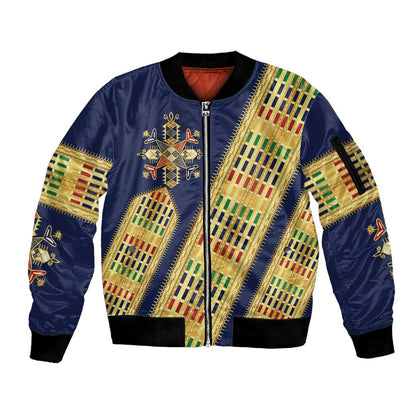 Habesha Kemis Inspired Tilet Pattern Sleeve Zip Bomber Jacket Royal Blue - Gold