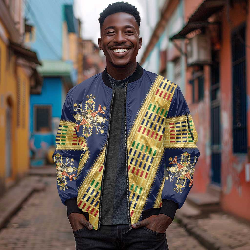 Habesha Kemis Inspired Tilet Pattern Sleeve Zip Bomber Jacket Royal Blue - Gold