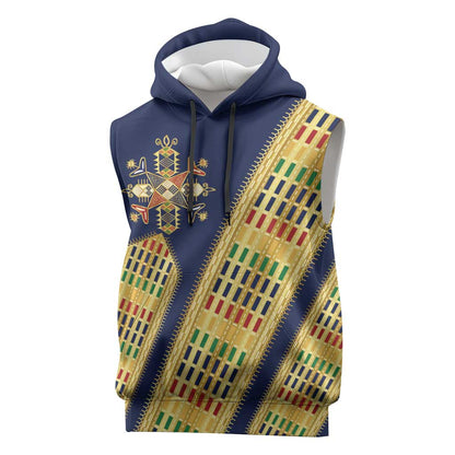 Habesha Kemis Inspired Tilet Pattern Sleeveless Hoodie Royal Blue - Gold