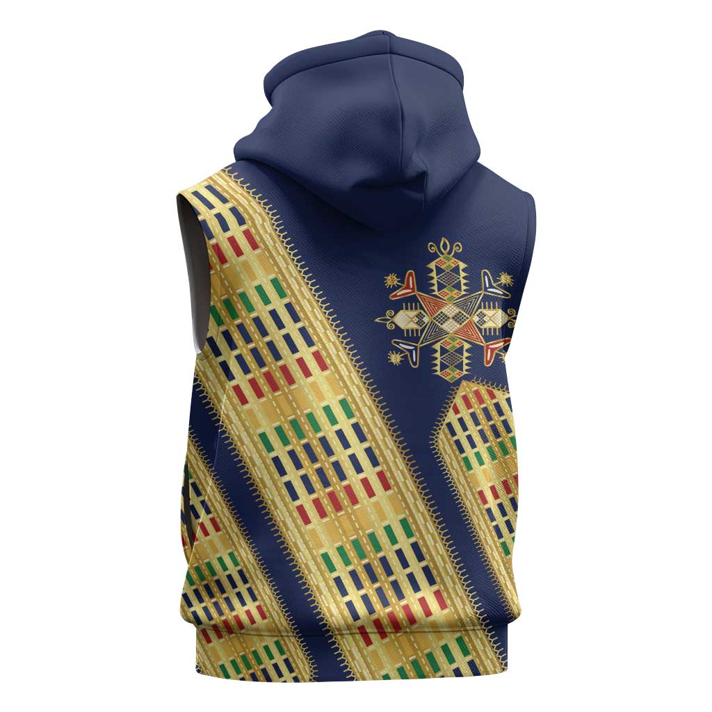 Habesha Kemis Inspired Tilet Pattern Sleeveless Hoodie Royal Blue - Gold