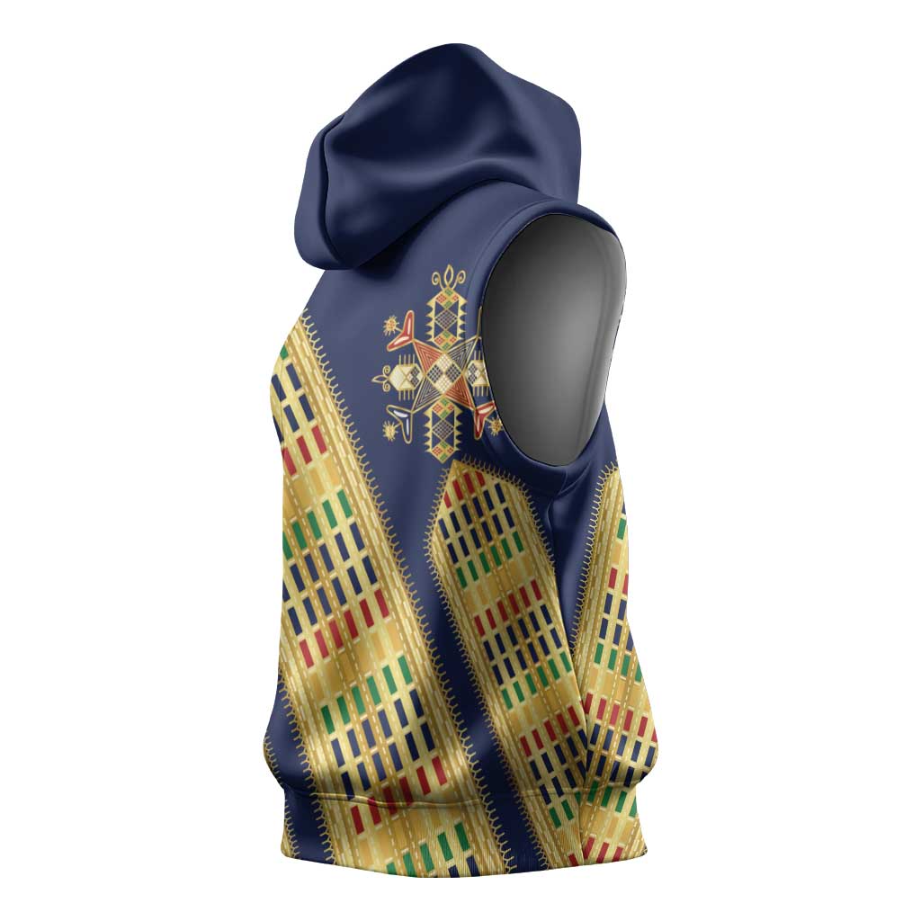 Habesha Kemis Inspired Tilet Pattern Sleeveless Hoodie Royal Blue - Gold