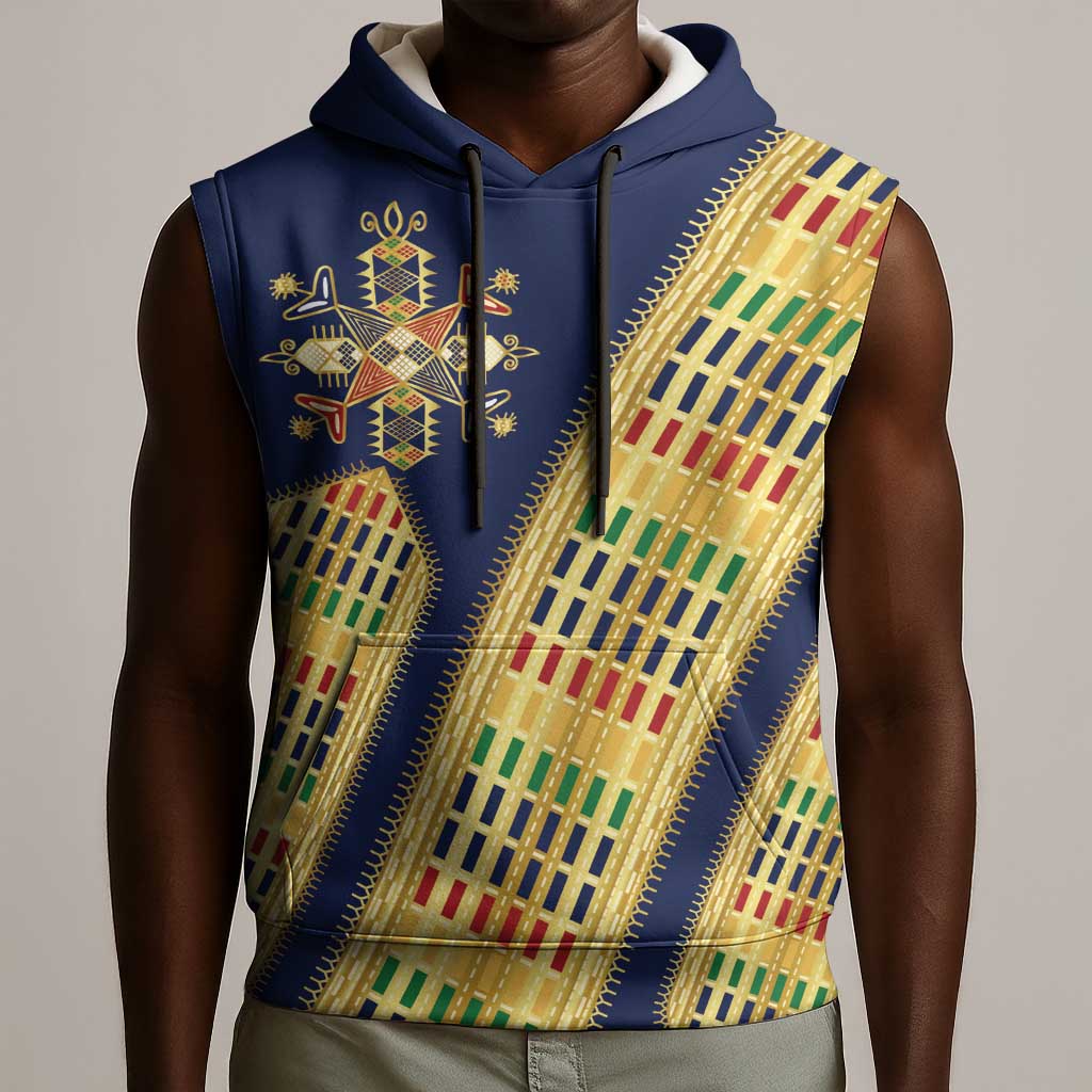 Habesha Kemis Inspired Tilet Pattern Sleeveless Hoodie Royal Blue - Gold