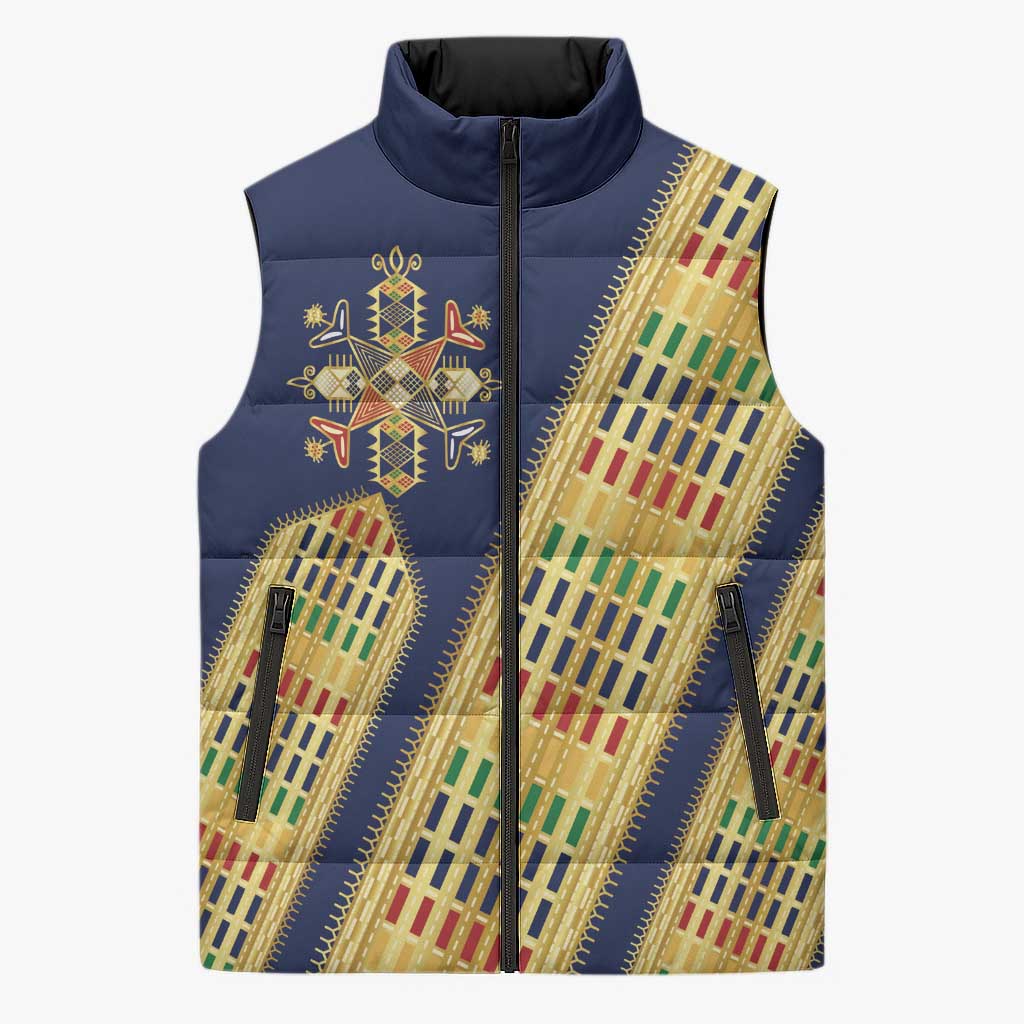 Habesha Kemis Inspired Tilet Pattern Sleeveless Puffer Jacket Royal Blue - Gold