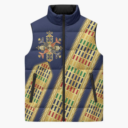 Habesha Kemis Inspired Tilet Pattern Sleeveless Puffer Jacket Royal Blue - Gold