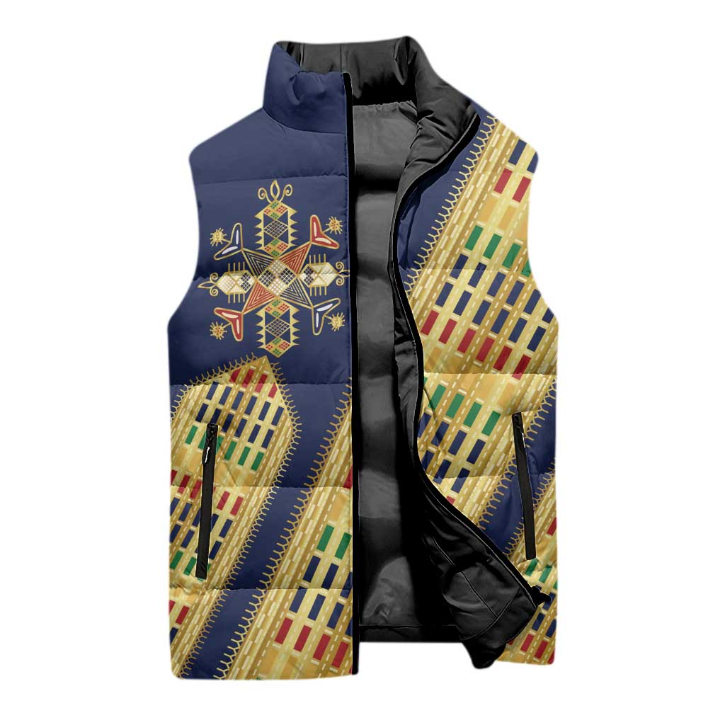 Habesha Kemis Inspired Tilet Pattern Sleeveless Puffer Jacket Royal Blue - Gold