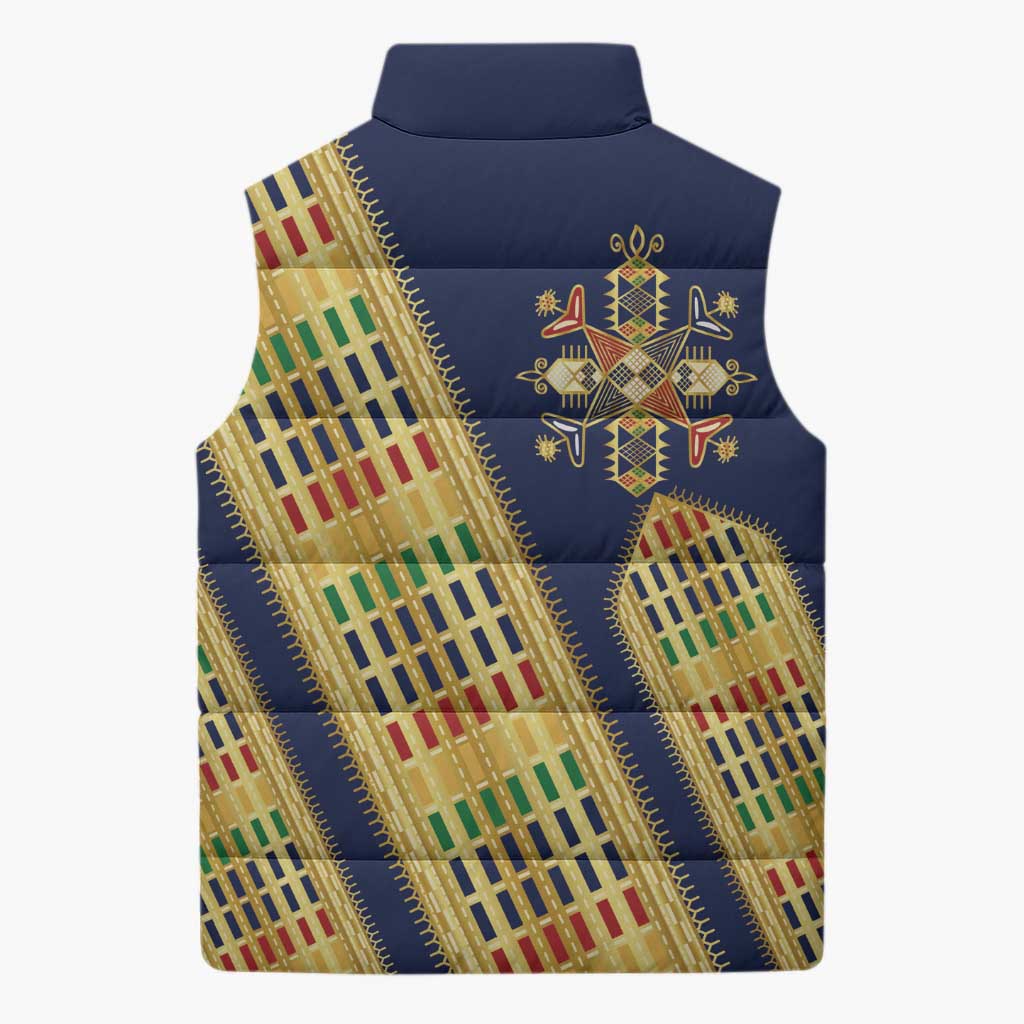 Habesha Kemis Inspired Tilet Pattern Sleeveless Puffer Jacket Royal Blue - Gold