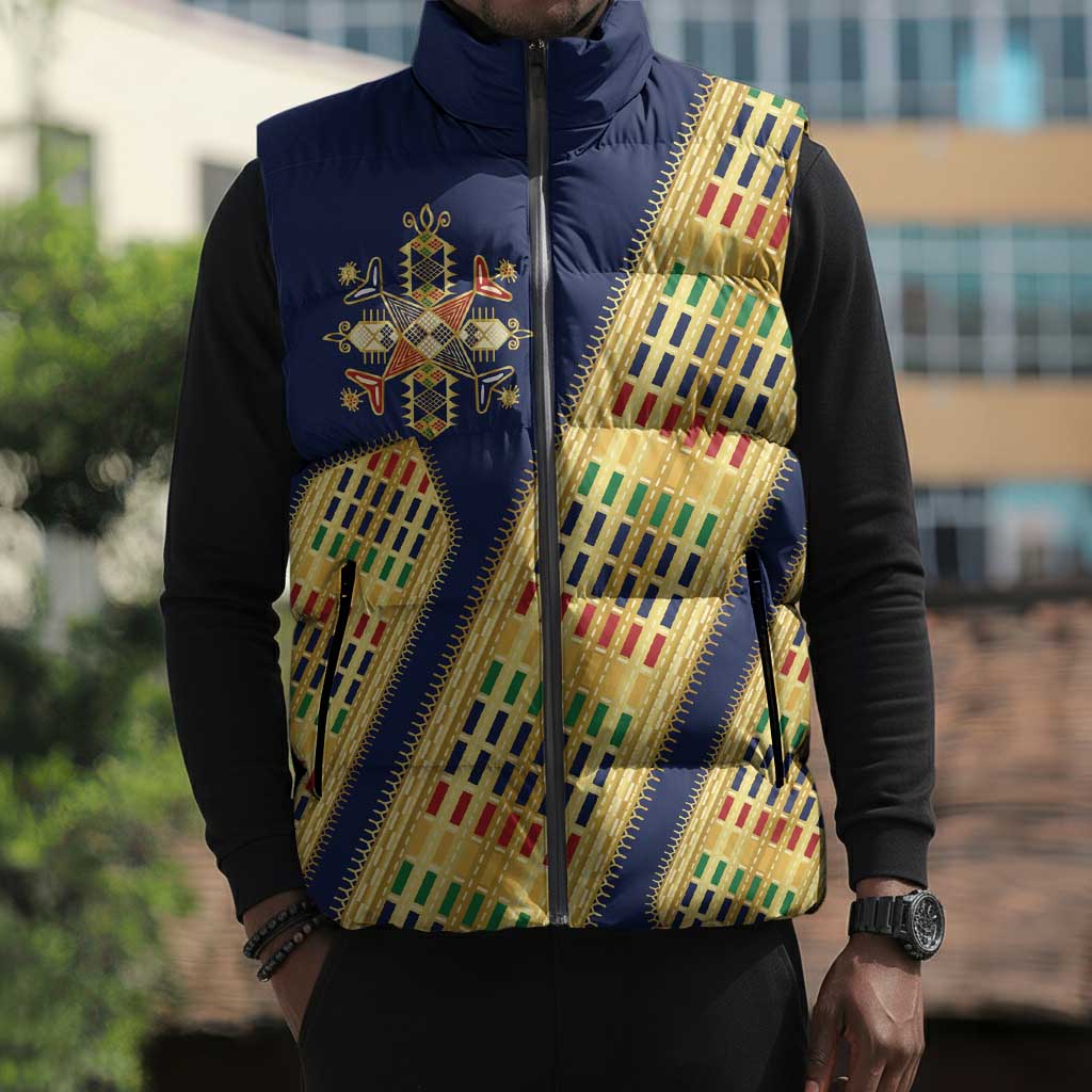 Habesha Kemis Inspired Tilet Pattern Sleeveless Puffer Jacket Royal Blue - Gold