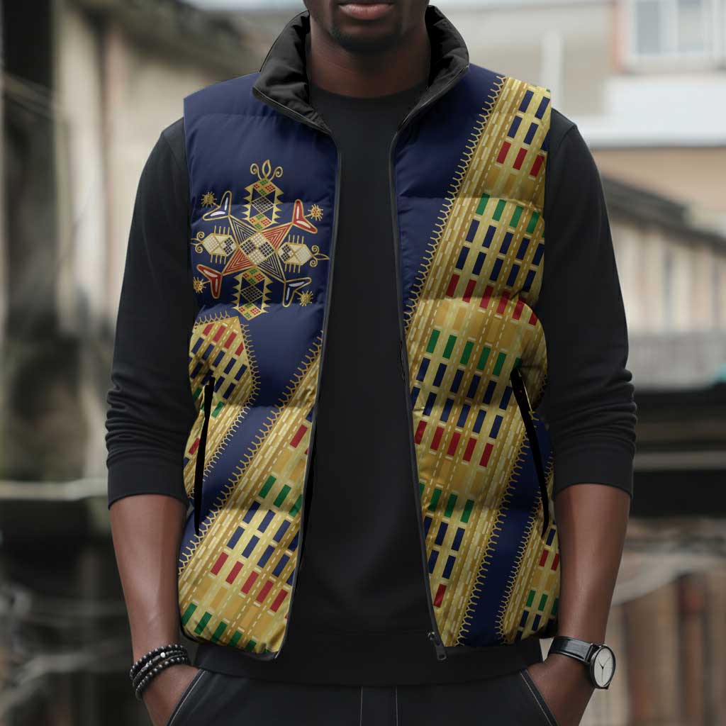 Habesha Kemis Inspired Tilet Pattern Sleeveless Puffer Jacket Royal Blue - Gold