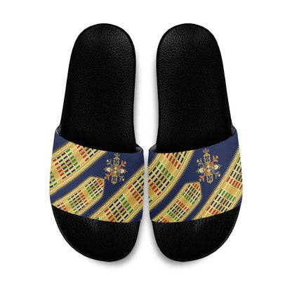 Habesha Kemis Inspired Tilet Pattern Slide Sandals Royal Blue - Gold