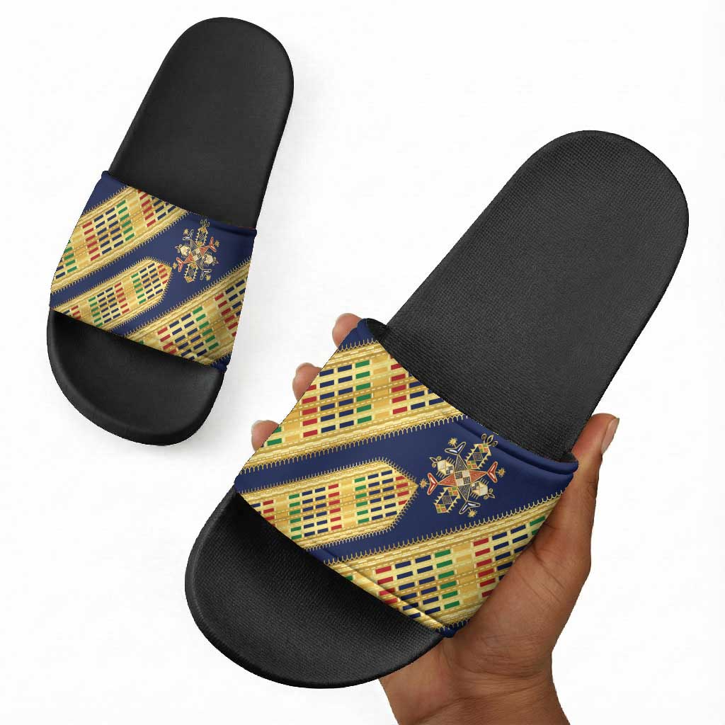 Habesha Kemis Inspired Tilet Pattern Slide Sandals Royal Blue - Gold