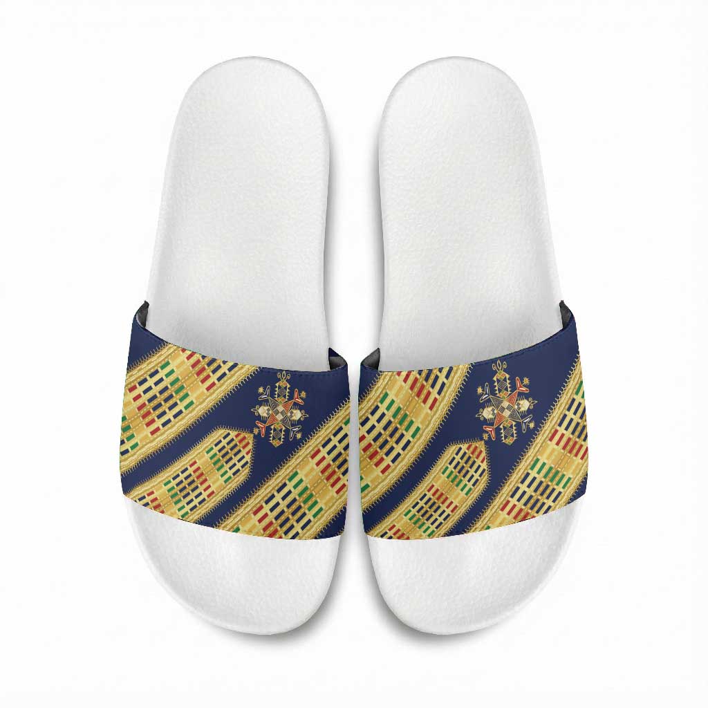 Habesha Kemis Inspired Tilet Pattern Slide Sandals Royal Blue - Gold
