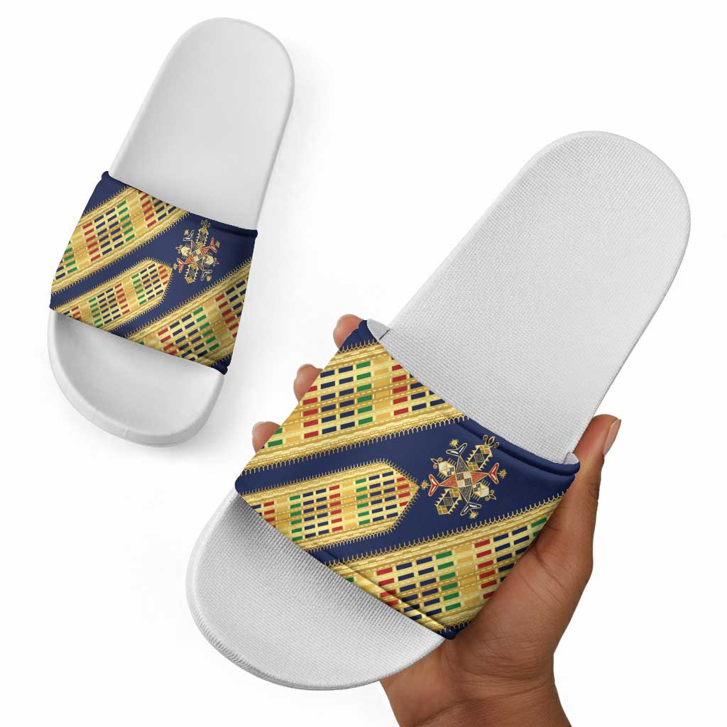 Habesha Kemis Inspired Tilet Pattern Slide Sandals Royal Blue - Gold