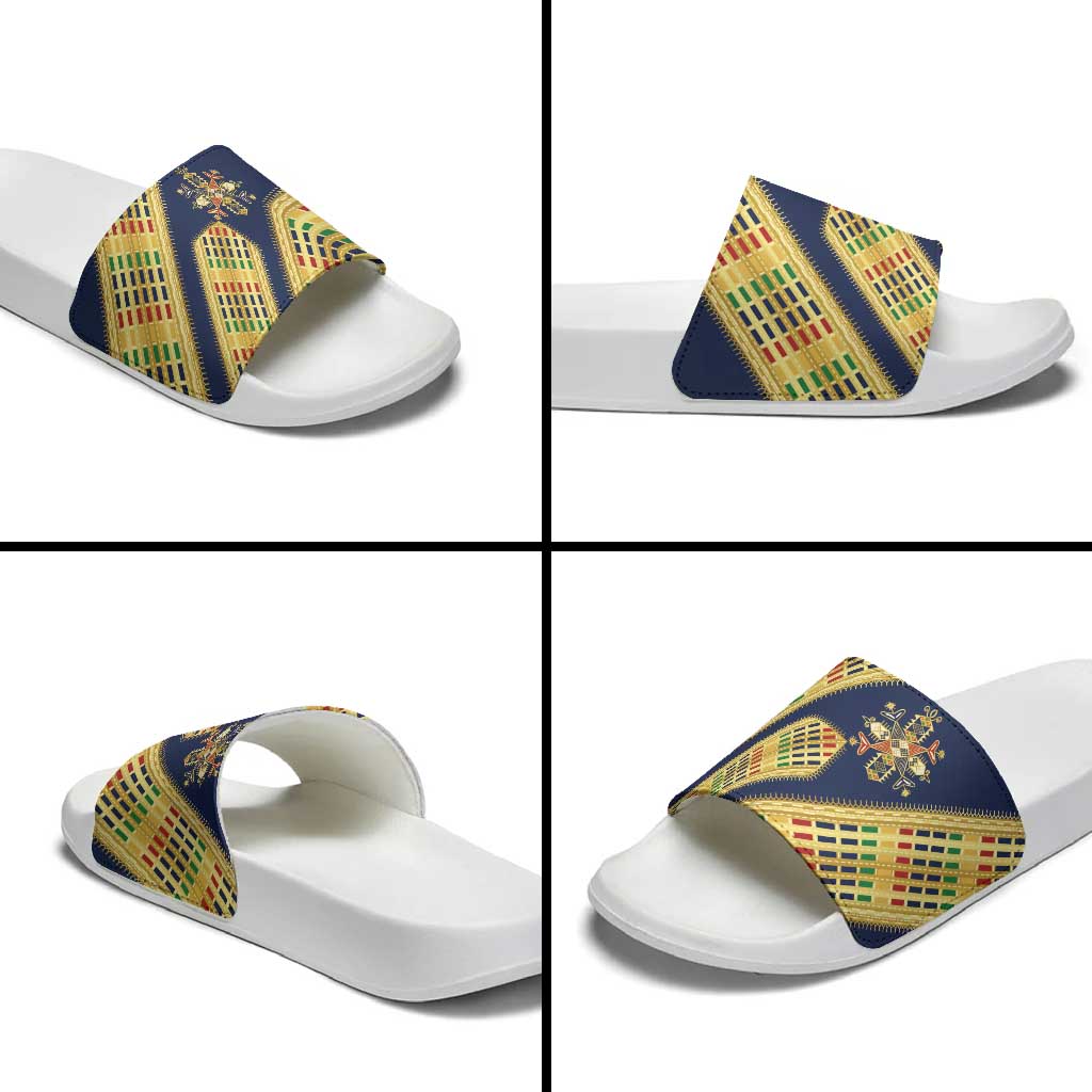 Habesha Kemis Inspired Tilet Pattern Slide Sandals Royal Blue - Gold