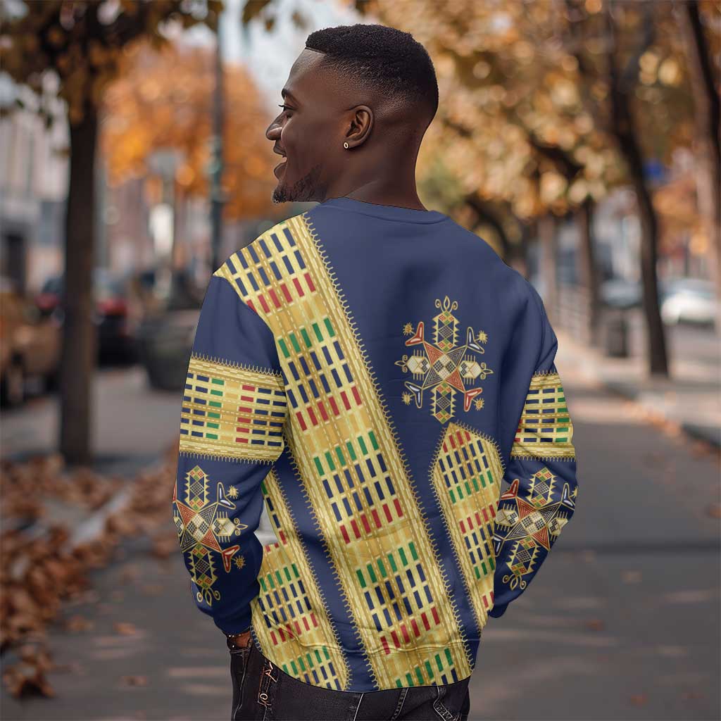 Habesha Kemis Inspired Tilet Pattern Sweatshirt Royal Blue - Gold