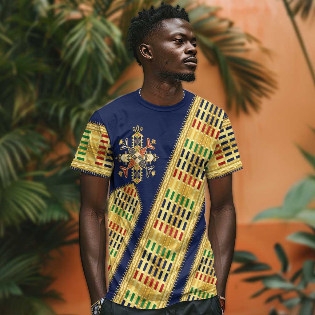 Habesha Kemis Inspired Tilet Pattern T shirt Royal Blue - Gold