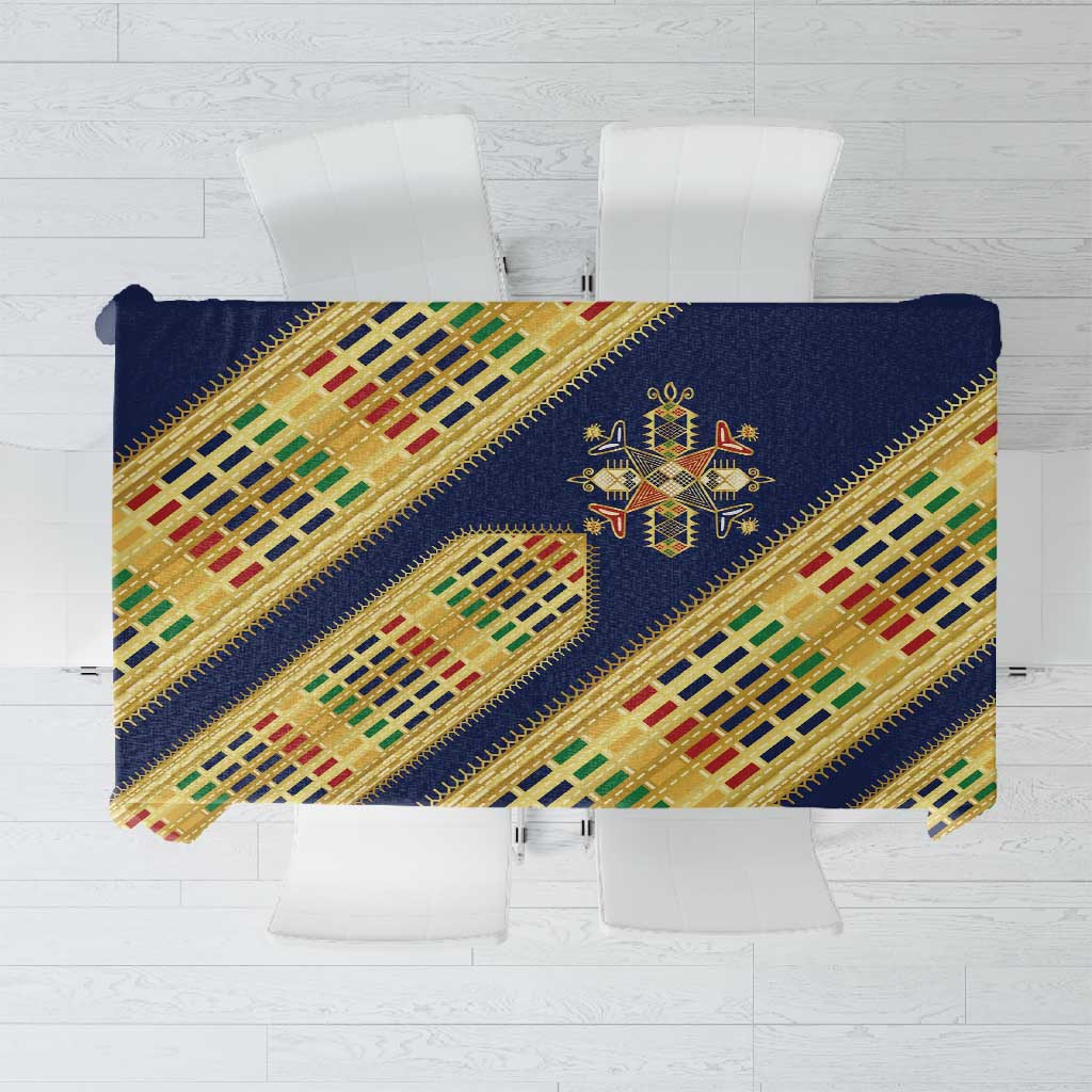Habesha Kemis Inspired Tilet Pattern Tablecloth Royal Blue - Gold