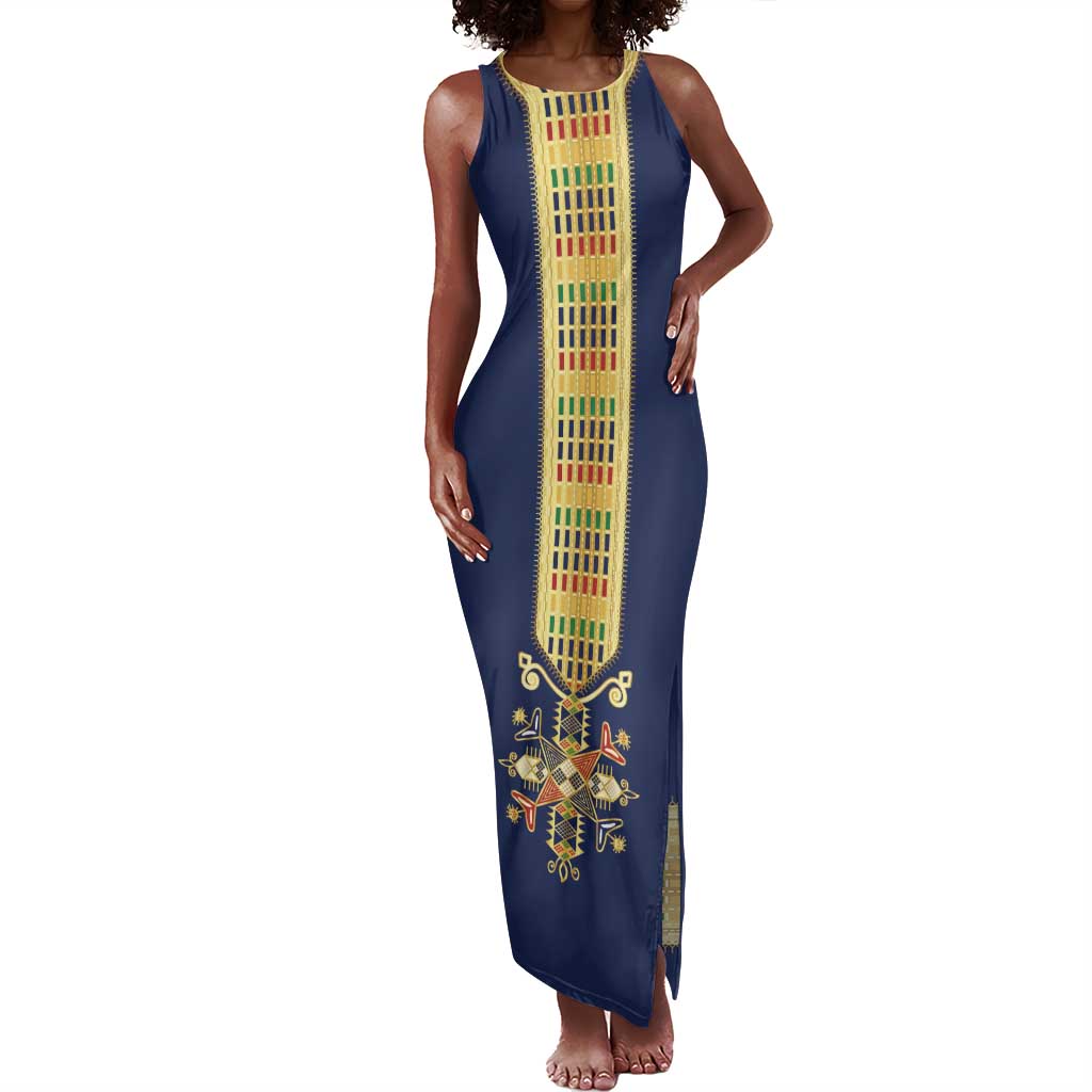 Habesha Kemis Inspired Tilet Pattern Tank Maxi Dress Royal Blue - Gold