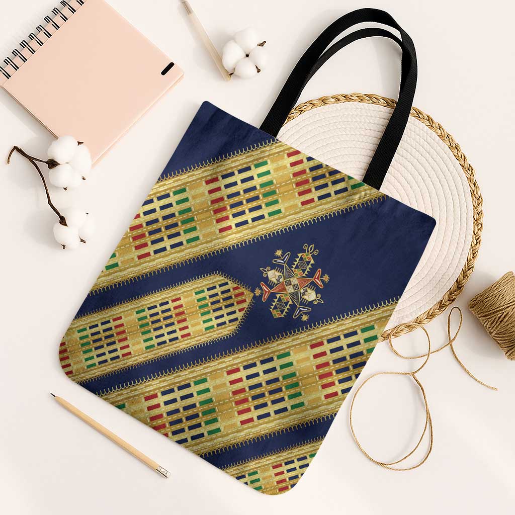 Habesha Kemis Inspired Tilet Pattern Tote Bag Royal Blue - Gold