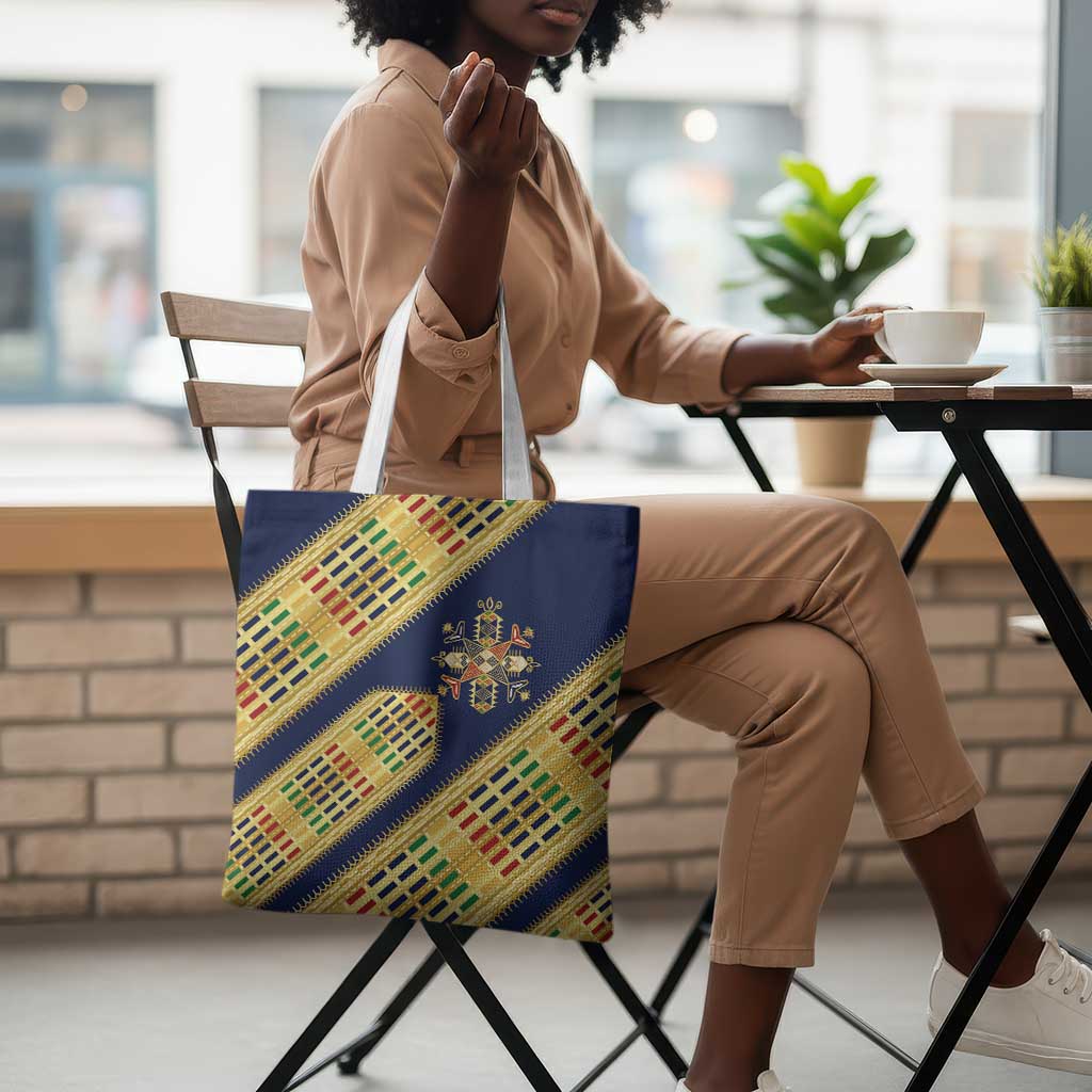 Habesha Kemis Inspired Tilet Pattern Tote Bag Royal Blue - Gold