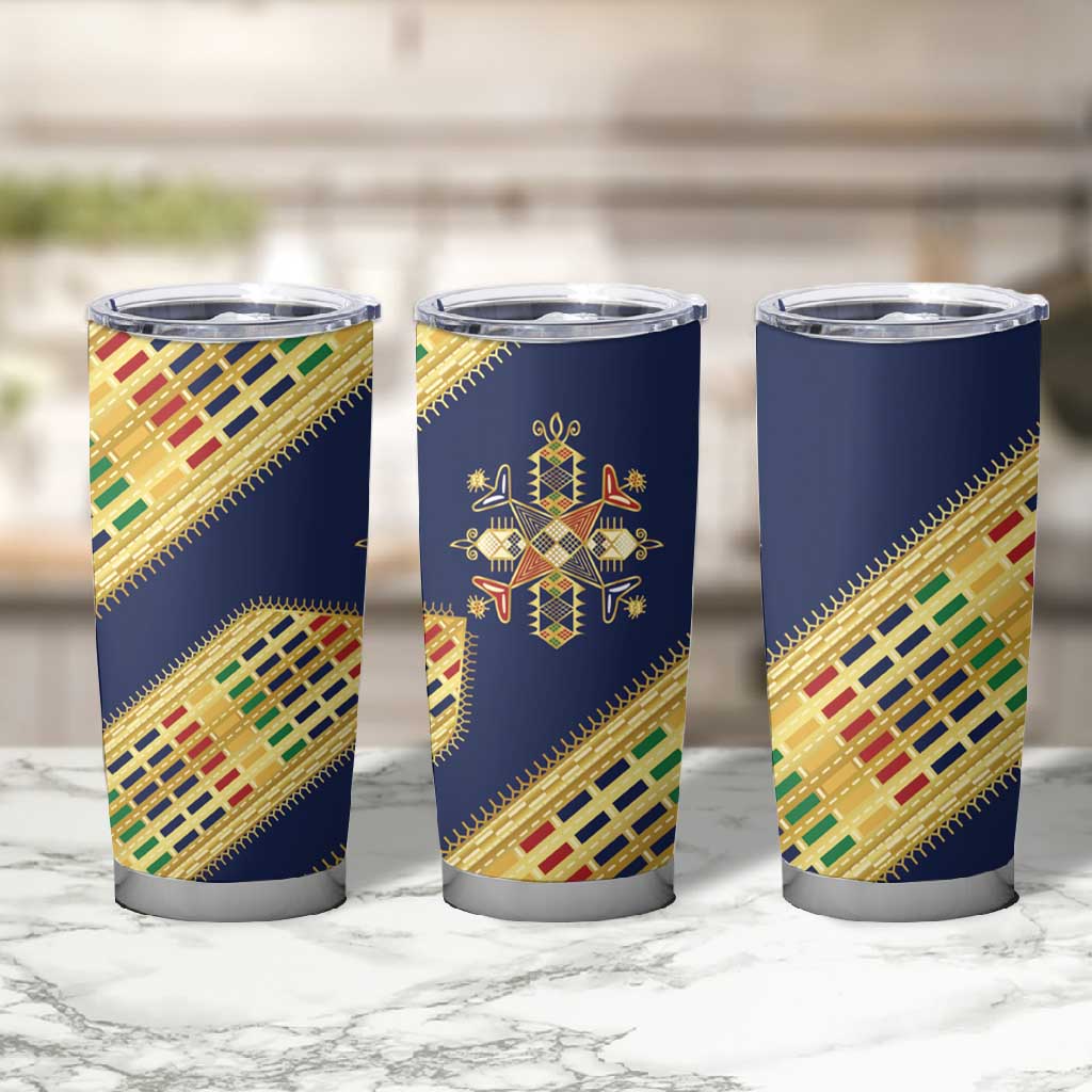 Habesha Kemis Inspired Tilet Pattern Tumbler Cup Royal Blue - Gold