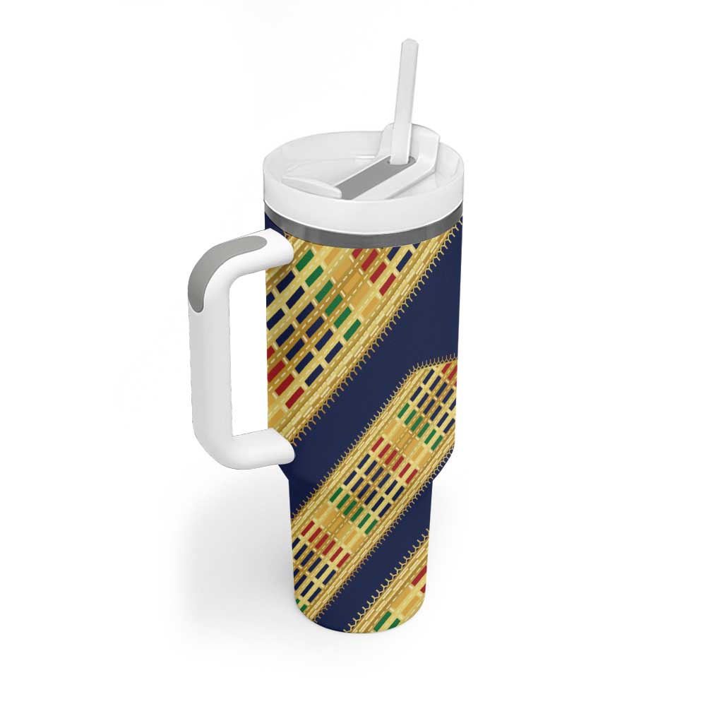 Habesha Kemis Inspired Tilet Pattern Tumbler With Handle Royal Blue - Gold