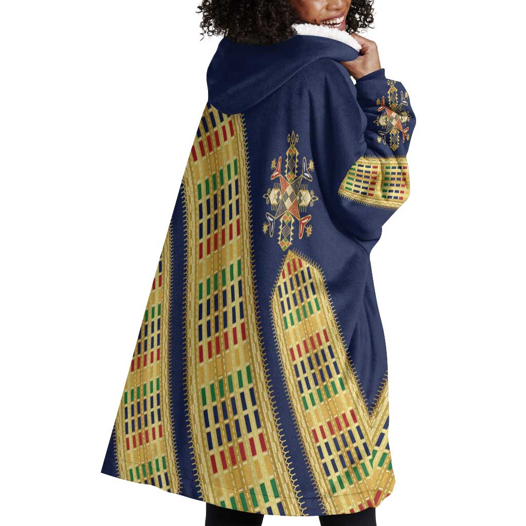 Habesha Kemis Inspired Tilet Pattern Wearable Blanket Hoodie Royal Blue - Gold