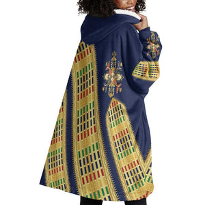 Habesha Kemis Inspired Tilet Pattern Wearable Blanket Hoodie Royal Blue - Gold