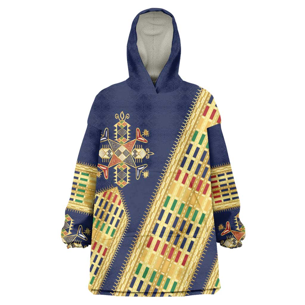 Habesha Kemis Inspired Tilet Pattern Wearable Blanket Hoodie Royal Blue - Gold