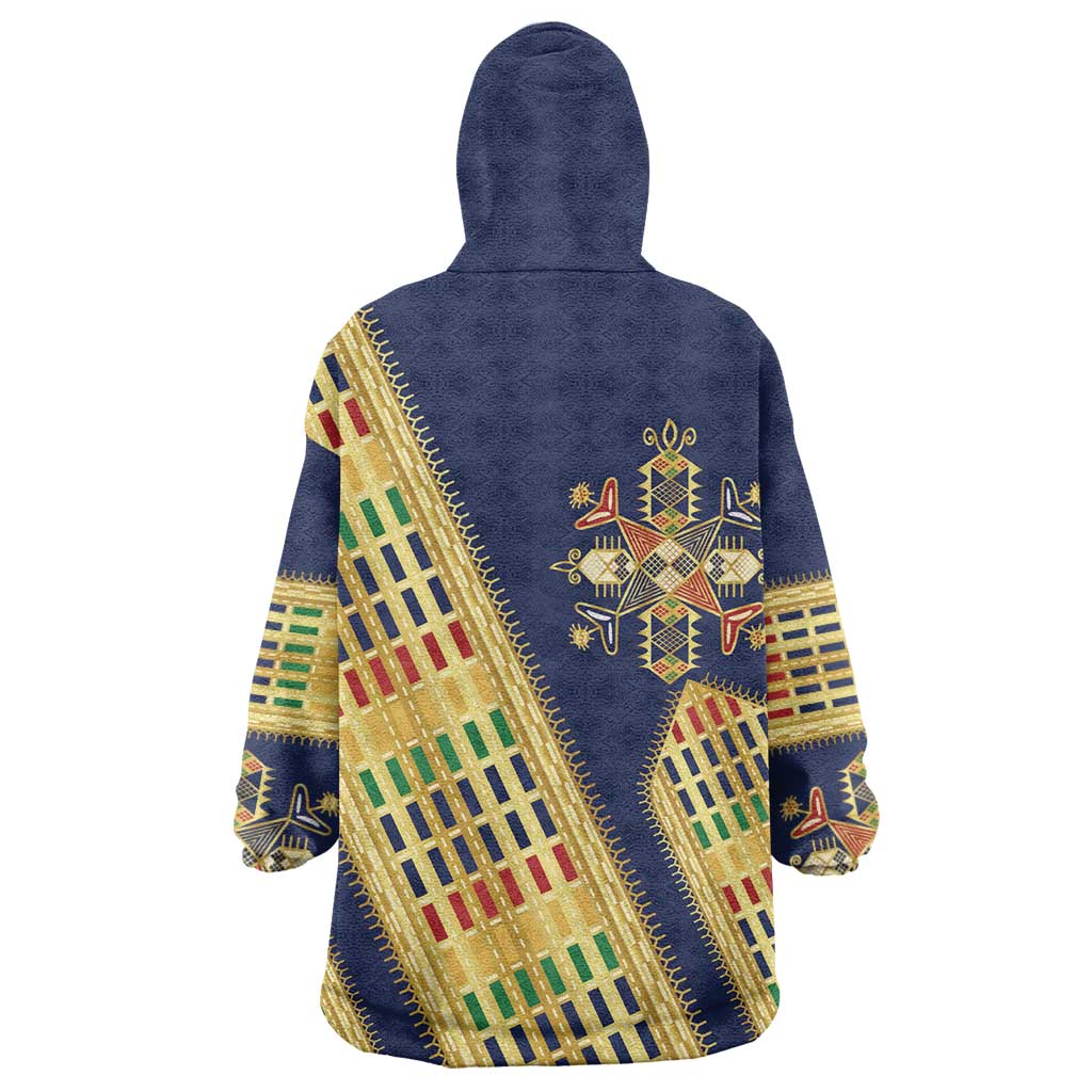 Habesha Kemis Inspired Tilet Pattern Wearable Blanket Hoodie Royal Blue - Gold
