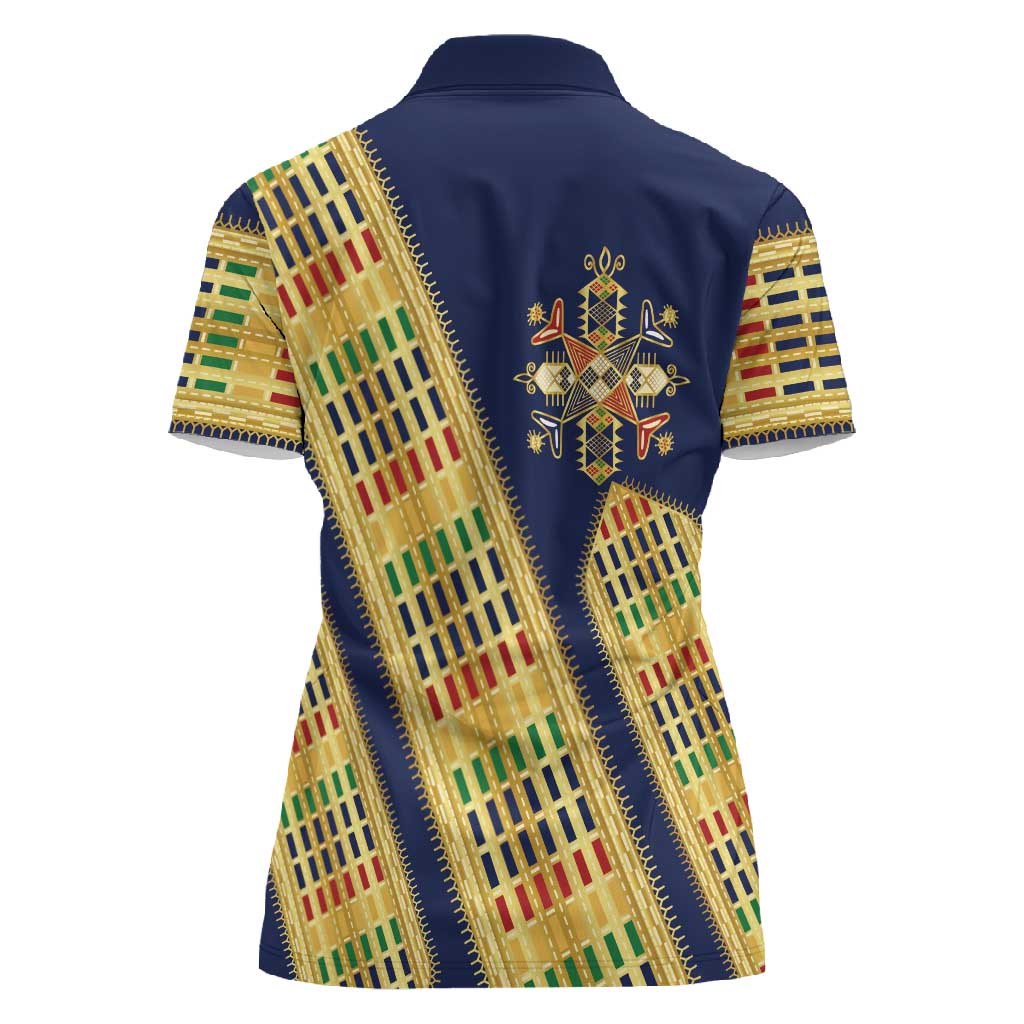 Habesha Kemis Inspired Tilet Pattern Women Polo Shirt Royal Blue - Gold