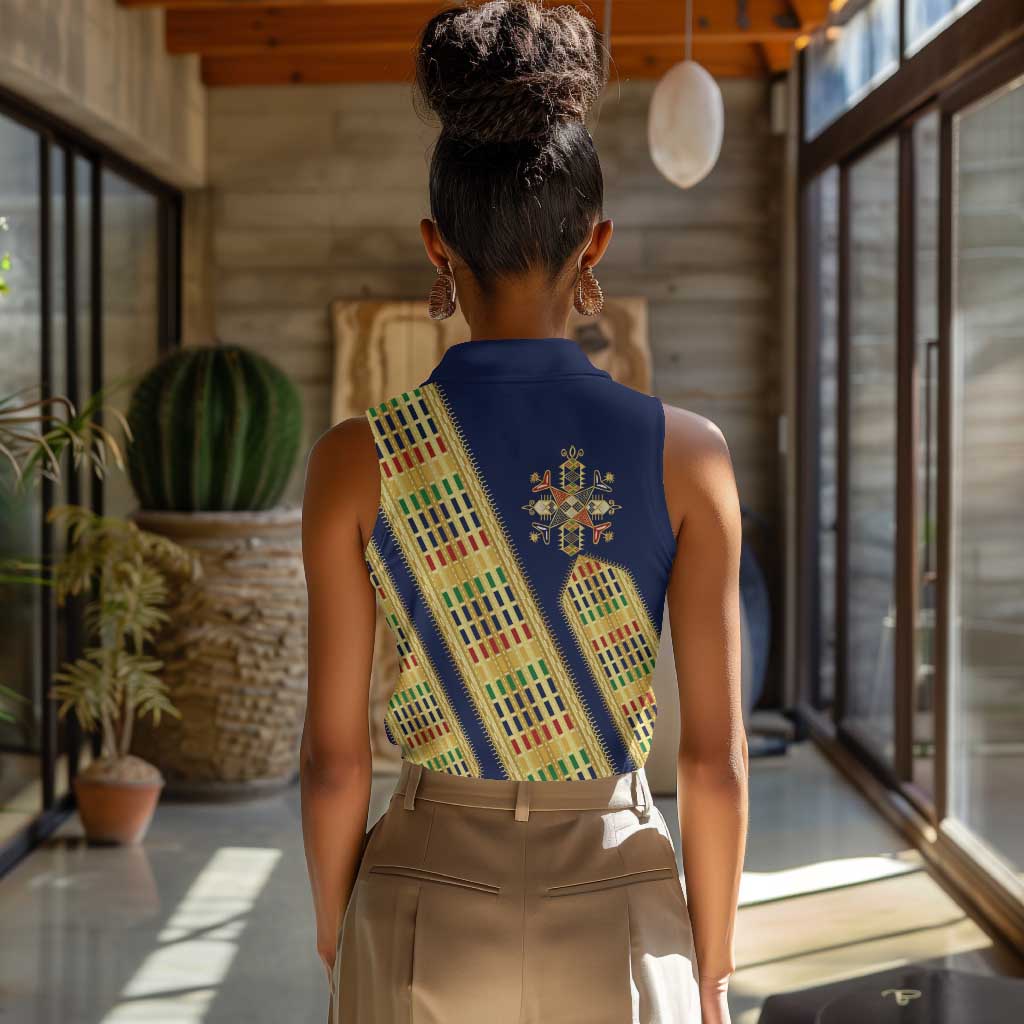 Habesha Kemis Inspired Tilet Pattern Women Sleeveless Polo Shirt Royal Blue - Gold