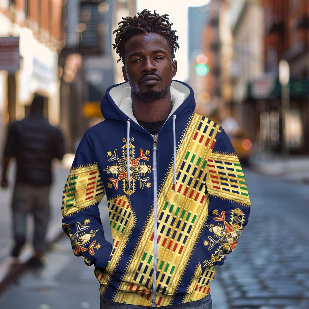 Habesha Kemis Inspired Tilet Pattern Zip Hoodie Royal Blue - Gold