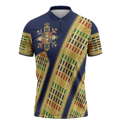Habesha Kemis Inspired Tilet Pattern Zipper Polo Shirt Royal Blue - Gold