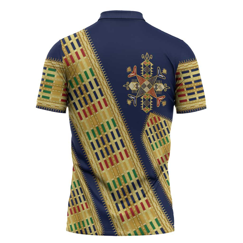Habesha Kemis Inspired Tilet Pattern Zipper Polo Shirt Royal Blue - Gold